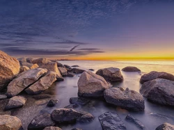 Kamienie, Hammonasset Beach, Madison, Wschód słońca, Stany Zjednoczone, Connecticut, Park Stanowy, Plaża