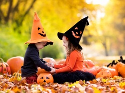 Liście, Park, Halloween, Czapki, Dzieci, Jesień, Dynie