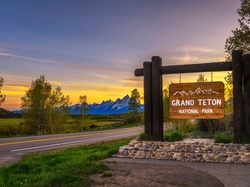 Tablica, Drzewa, Góry, Stany Zjednoczone, Wyoming, Park Narodowy Grand Teton, Droga