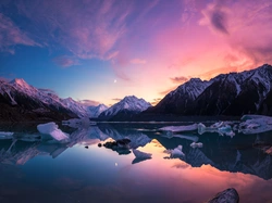 Góra Cooka, Tasman Lake, Lód, Nowa Zelandia, Park Narodowy Góry Cooka, Zachód słońca, Jezioro, Góry