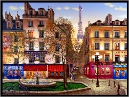 Paryż, Sklepy, Fontanna, Domy, Francja