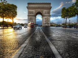 Drzewa, Paryż, Autobusy, Łuk Triumfalny, Ulica, Francja, Samochody