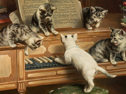 Koty, Malarstwo, Obraz, Pianino, Carl Reichert