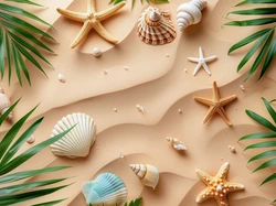 Zielone, Piasek, Muszelki, Liście, Rozgwiazdy