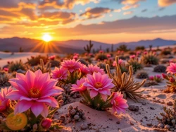Różowe, Promienie słońca, Piasek, Kaktusy, Góry, Kwiaty
