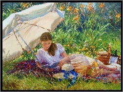 Piknik, Kobieta, Łąka, Malarstwo, Parasol