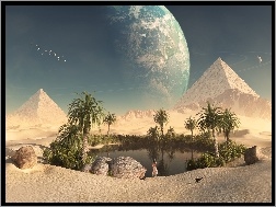 Piramidy, Kobieta, Planeta, Woda, Pustynia, Palmy