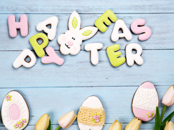 Wielkanoc, Pisanki, Happy Easter, Tulipany, Zajączek, Ciastka, Napis