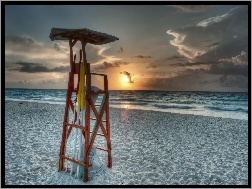 Zachód słońca, Cancún, Morze Karaibskie, Ratownika, Krzesło, Meksyk, Plaża