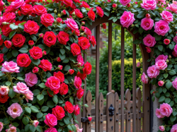 Róże, Kwiaty, Czerwone, Ogród, AI, Różowe, Brama, Pnące