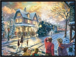 Pociąg, Święta, Zima, Obraz, Dworzec