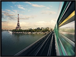 Pociąg, Rzeka, Francja, Paryż, Wieża Eiffla