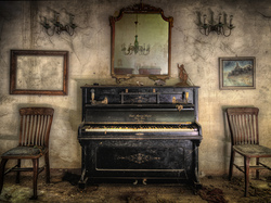 Pokój, Krzesła, Lustro, Stare, Zaniedbany, Pianino