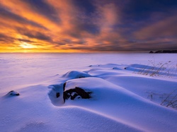 Śnieg, Północna Karelia, Joensuu, Kamienie, Zachód słońca, Jezioro, Finlandia, Zima