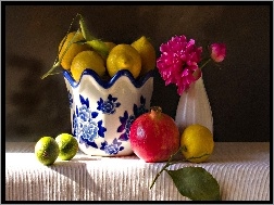 Porcelana, Cytryny, Kwiat, Granat