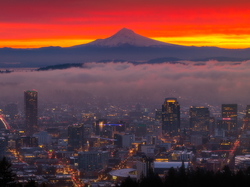 Portland, Góra, Stratowulkan, Mount Hood, Stan Oregon, Stany Zjednoczone, Oświetlone, Wschód słońca, Miasto