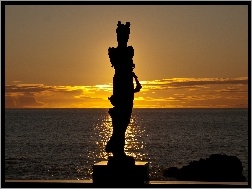 Posąg, Słońca, Zachód, Morze, Kobieta