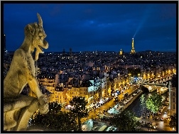 Posąg, Paryż, Panorama, Noc