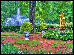 Posąg, Tulipany, Fontanna, Park, Złoty