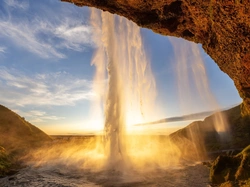 Skały, Islandia, Wodospad, Promienie Słońca, Seljalandsfoss