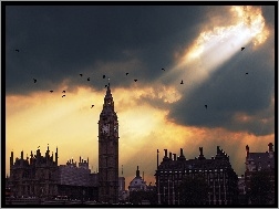 Promienie, Londyn, Big Ben, Zachód Słońca