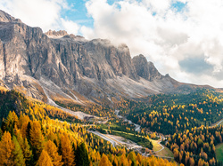Góry, Dolomity, Passo Gardena, Przełęcz, Alpy, Lasy, Drzewa, Południowy Tyrol, Włochy, Kolorowe, Jesień, Drogi
