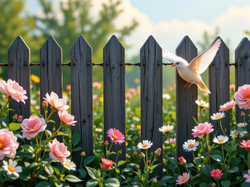 Płot, Kwiaty, Róże, Ptak