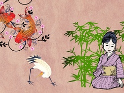 Ptak, Bambusy, Grafika, Dziewczynka, Ryby, Kimono