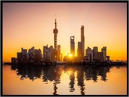 Wieżowce, Szanghaj, Pudong, Oriental Pearl Tower, Zachód Słońca, Rzeka, Chiny, Hangpu