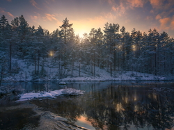 Jezioro, Ringerike, Norwegia, Zima, Zachód słońca, Drzewa