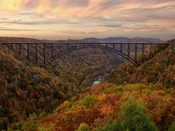 Most, Wąwóz, New River Gorge Bridge, Stany Zjednoczone, Lasy, Jesień, Wirginia Zachodnia, Rzeka