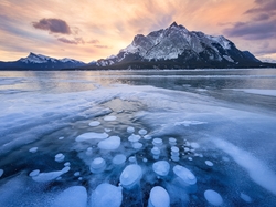 Lód, Canadian Rockies, Zima, Zamarznięte, Alberta, Kanada, Jezioro, Góry, Abraham Lake