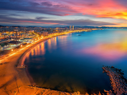 Miasto, Barcelona, Wybrzeże, Światła, Zachód słońca, Plaża, Hiszpania, Morze Środziemne