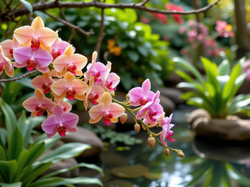 Kamienie, Kwiaty, Storczyki, Roślinność, Oczko wodne