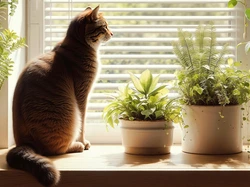 Kot, Okno, Parapet, Rośliny