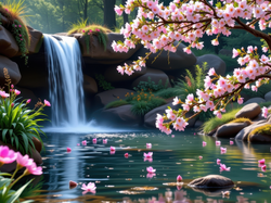 Rośliny, Wiosna, Mały, Rzeka, Skała, Wodospad, Las, Drzewa, Kwiaty