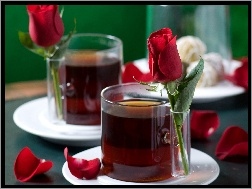 Róże, Szklanki, Herbata, Talerzyki