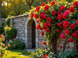 Mur, Pnące, Krzewy, Kwiaty, AI, Ogród, Czerwone, Róże
