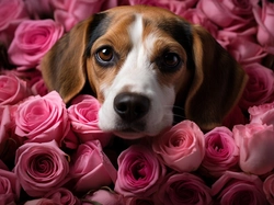 Pies, Beagle, Kolorowe, Róże