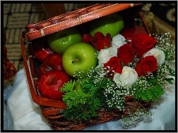 Róże, Koszyk, Wiklinowy, Jabłka