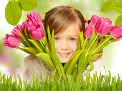 Różowe, Bukiet, Kwiaty, Dziewczynka, Tulipany