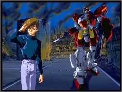 ruiny, miasto, facet, Gundam Wing, robot