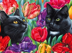Rysunek, Koty, Czarne, Tulipany