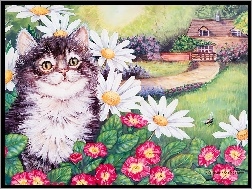 Rysunek, Kwiaty, Kot, Dom