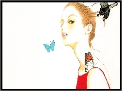 Rysunek, Kobieta, Młoda, Rudowłosa, Motyle