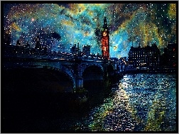 Rzeka, Most, Londyn, Grafika, Big Ben