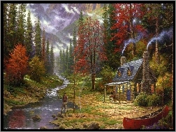 Świerk, Rzeka, Rybaka, Domek, Thomas Kinkade, Ogień, Góry, Drewno