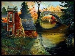 Rzeka, Most, Jesień, Dom