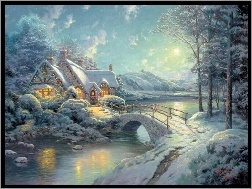 Rzeka, Zima, Thomas Kinkade, Dom