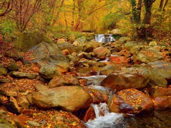 Rzeka, Jesień, Liście, Kamienie, Las, Skały